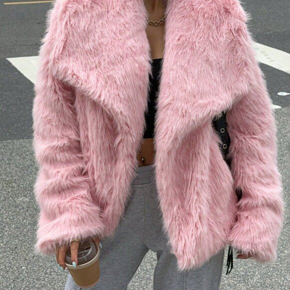 Red Casual Women's Fluffy Long Sleeve Jacket - Picture 4 of 5